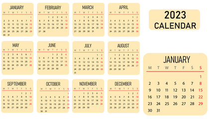 2023 calendar template design. Desktop calendar in simple style. Corporate or business calendar. English vector calendar. - obrazy, fototapety, plakaty
