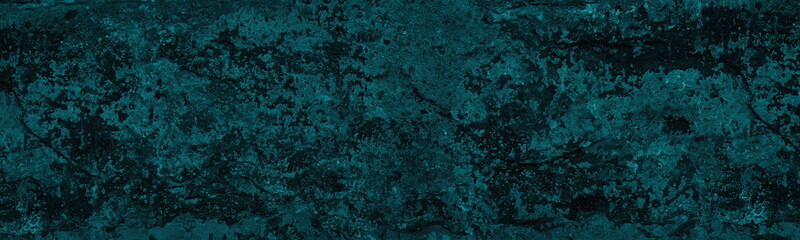 Teal old rough exterior concrete wall wide grungy texture. Abstract panoramic dark turquoise colored background. Grunge vintage backdrop