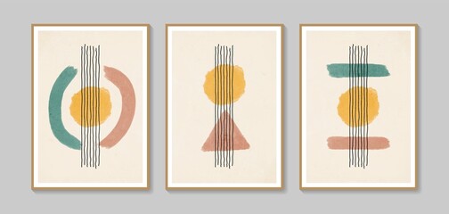 Collection of vector abstract wall art. Boho color organic shape. Artistic design for poster, print, cover, wallpaper, minimalistic and natural wall art. Vector illustration with grunge texture.
