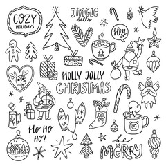 Holly Jolly Christmas outline doodles, vector clip art - 501297894