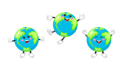 Collection of cute cartoon globe character. Smile and jump. Illustration.