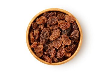 Raisins in wooden bowl on white background