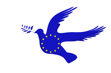 national and patriotic concept - silhouette of dove of peace with olive branch in colors of european union flag isolated on white background