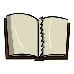 An old open book with a torn page, cartoon vector illustration
