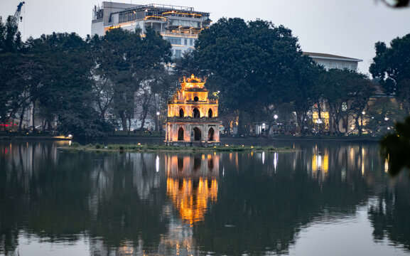 Turtle Tower on Hoan Kiem Lake in Hanoi, Vietnam