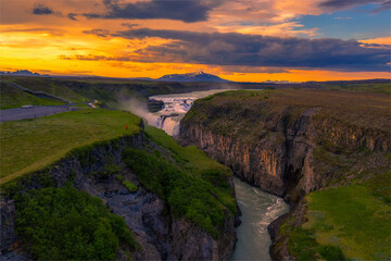 Aerial view of sunset over Gullfoss waterfall and the Olfusa river in Iceland