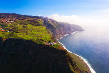 Aerial view of the Ponta do Pargo Lighthouse in the Madeira Islands, Portugal