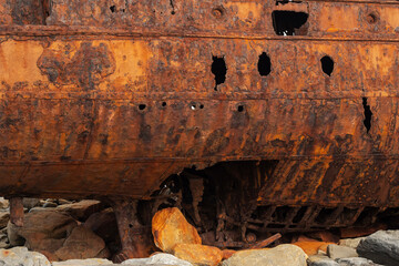 Hull damage of Plassey shipwreck on shore of Inisheer island. Aran islands, county Galway, Ireland....