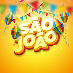 Festa Junina Illustration with Party Flags and Paper Lantern on Yellow Background. Vector Brazil June Sao Joao Festival Design with 3d Lettering for Greeting Card, Banner, Invitation or Holiday Poster