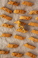 Homemade Italian Cantuccini with Chocolate, top view. Crispy Chocolate Cookies. Flat lay, overhead, from above.