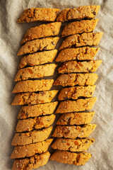 Homemade Italian Cantuccini with Chocolate, top view. Crispy Chocolate Cookies. Flat lay, overhead, from above.