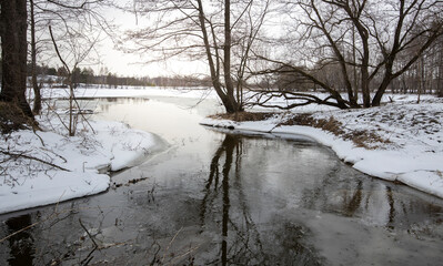 Flood. March evening by the river, the snow is melting. Evening in early spring. Trees are reflected in the water.