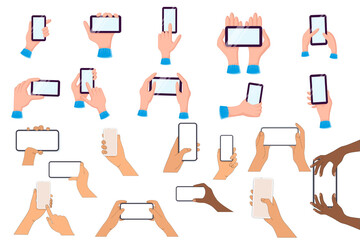 A collection of hands holding a modern smartphone. A set of hands, palms and phones. People handling with cell phones. Flat vector illustrations isolated on white background