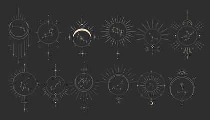 Set of decorative tarot cards. Vintage retro vintage engraving style. the sun, moon phases, crystals, magic symbols. print in the interior and design. vector graphics - obrazy, fototapety, plakaty
