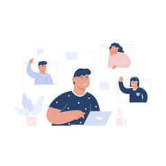 Concept of videoconference and web communication. Team meeting online. Smiling man and women work remotely and have a corporate virtual discussion. Vector illustration in flat cartoon style