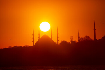 Blue Mosque and Hagia Sophia in Istanbul at sunset