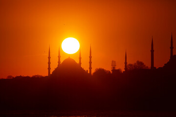 Blue Mosque and Hagia Sophia in Istanbul at sunset