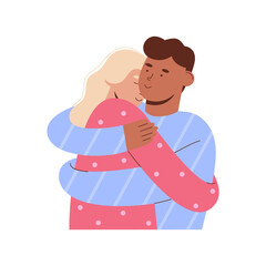 Young multiethnic couple embracing. Mixed race relationships concept. Flat vector illustration.