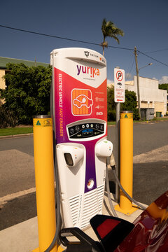 Charging Station For New Electric Vehicles In A Public Parking Area In Proserpine, Queensland, Australia.