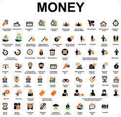 2 color set of business icons covering the concept of money and anything else around it. Total number of icons is sixty-seven