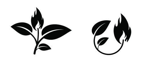 Fototapeta premium Cartoon biogas with fire flame and leaf icon or symbol. Natural energy. Sign for environment renewable industry. Ecology concept. leaves and plant. Leaf fire logo. Eco flames. Nature energy