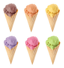 Set with different tasty ice creams in wafer cones on white background