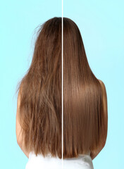 Woman before and after washing hair with moisturizing shampoo on turquoise background, collage