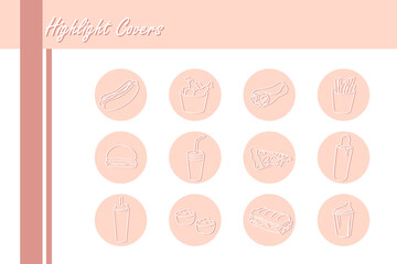 Set of vector icons for highlight covers for fast food blog.