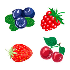 Delicious, juicy strawberries, cherries,blueberries, raspberries, isolated on a white background.Vector illustration.Berries can be used in food packaging.juices,cosmetics,textiles.