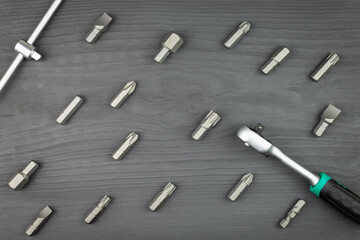 A set of bits, tools and keys for a car mechanic.