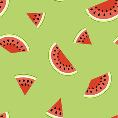 Watermelon pieces seamless pattern. Cut watermelon, piece, bit on green. Flat, vector