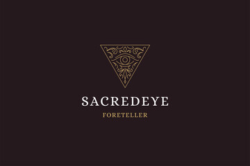Occultism all seeing eye vintage triangle curved frame with place for text line art logo vector