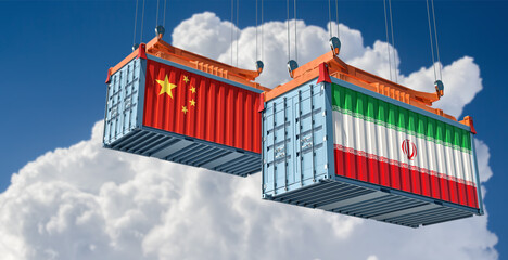 Cargo containers with Iran and China national flags. 3D Rendering