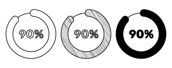 Set of hand drawn vector percentage diagram 90% in doodle cartoon style on white background