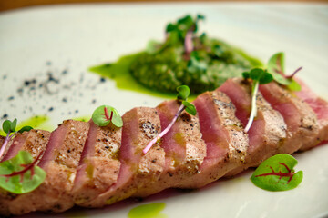 Sliced steak with blood