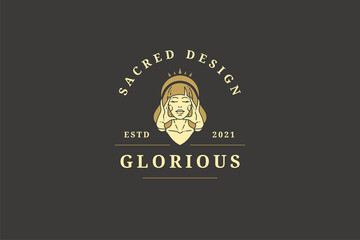 Antique feminine queen tiara portrait posing with closed eyes touching head luxury logo vector