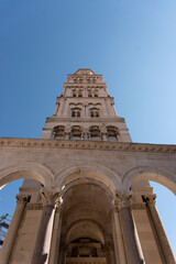 View looking up at the bell tower of the cathedral of Saint Domnius in Split, Croatia