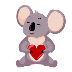 Cute koala hold heart isolated on white background. Cartoon character loving.