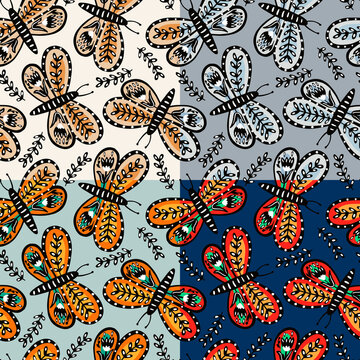 Seamless pattern with butterflies and flowers in folk style. Butterfly endless wallpaper.