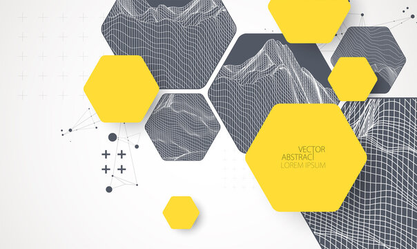 Modern science or technology abstract background using hexagonal shapes. Wireframe spot surface illustration. Vector.