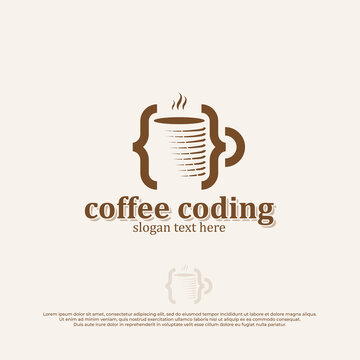 Code Logo, Coding icon with coffee cup illustration, coffee cup Hand drawn engraving style design.