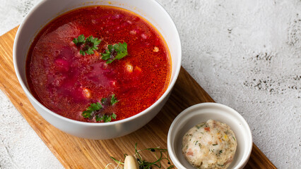 Borsht, bortsch, borshch, borscht. Soup, associated with cuisine of Eastern and Central Europe, especially Ukraine,