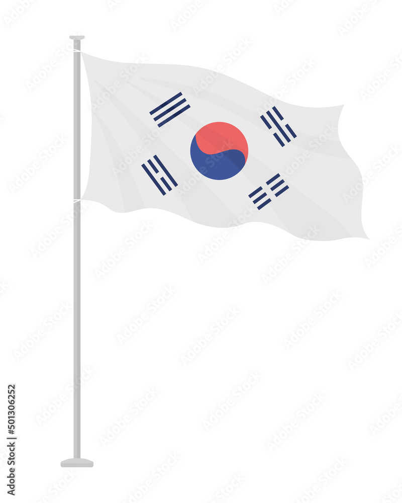 Poster national flag of south korea on pole semi flat color vector object. full sized item on white. symbol