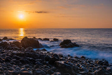 Sunrise on Reis Magos beach. Canico, Madeira, Portugal. October 2021.