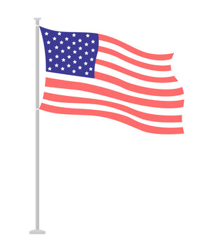 National flag of America on pole semi flat color vector object. Full sized item on white. Democracy and freedom simple cartoon style illustration for web graphic design and animation