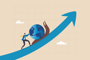 Global economic slowdown, world GDP growth decline or sluggish, recession or growth slowing down concept, businessman pushing slow snail with the earth on GDP growing arrow metaphor of world economy.