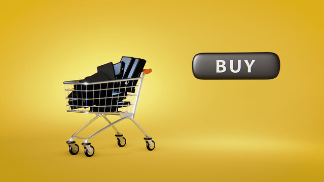 3d illustration of shopping cart full of phones with button buy.