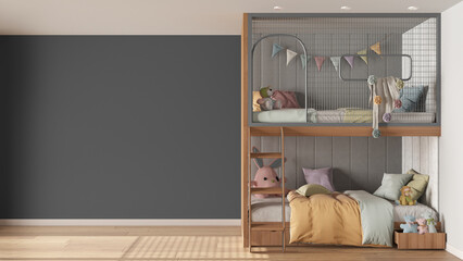 Children bedroom background with copy space in gray and pastel tones, parquet floor, wooden bunk bed with duvet, pillows, ladder and toys. Template mock-up interior design concept