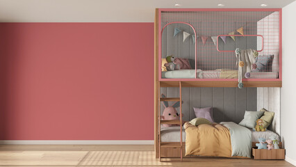 Children bedroom background with copy space in pink and pastel tones, parquet floor, wooden bunk bed with duvet, pillows, ladder and toys. Template mock-up interior design concept