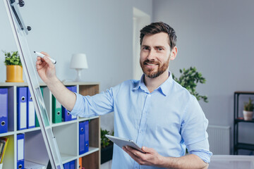 Portrait of a successful business founder, a man looks at the camera and smiles at a white board for notes, holding a tablet, describes a business strategy